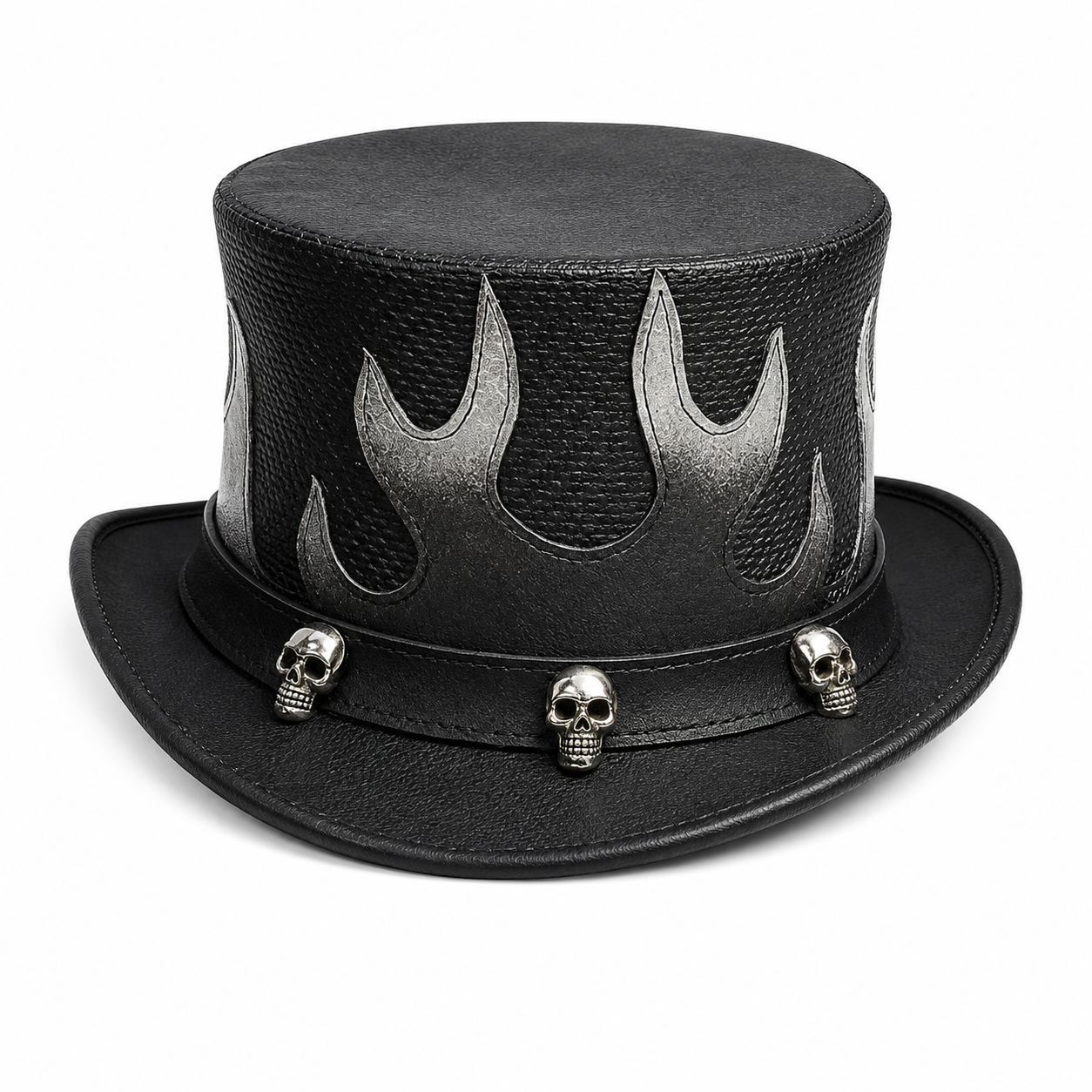 Handmade Black Leather Top Hat with Flame and Skull Design Gothic Style Unisex Accessory