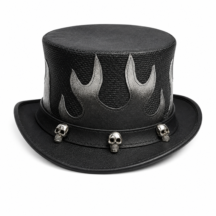 Handmade Black Leather Top Hat with Flame and Skull Design Gothic Style Unisex Accessory