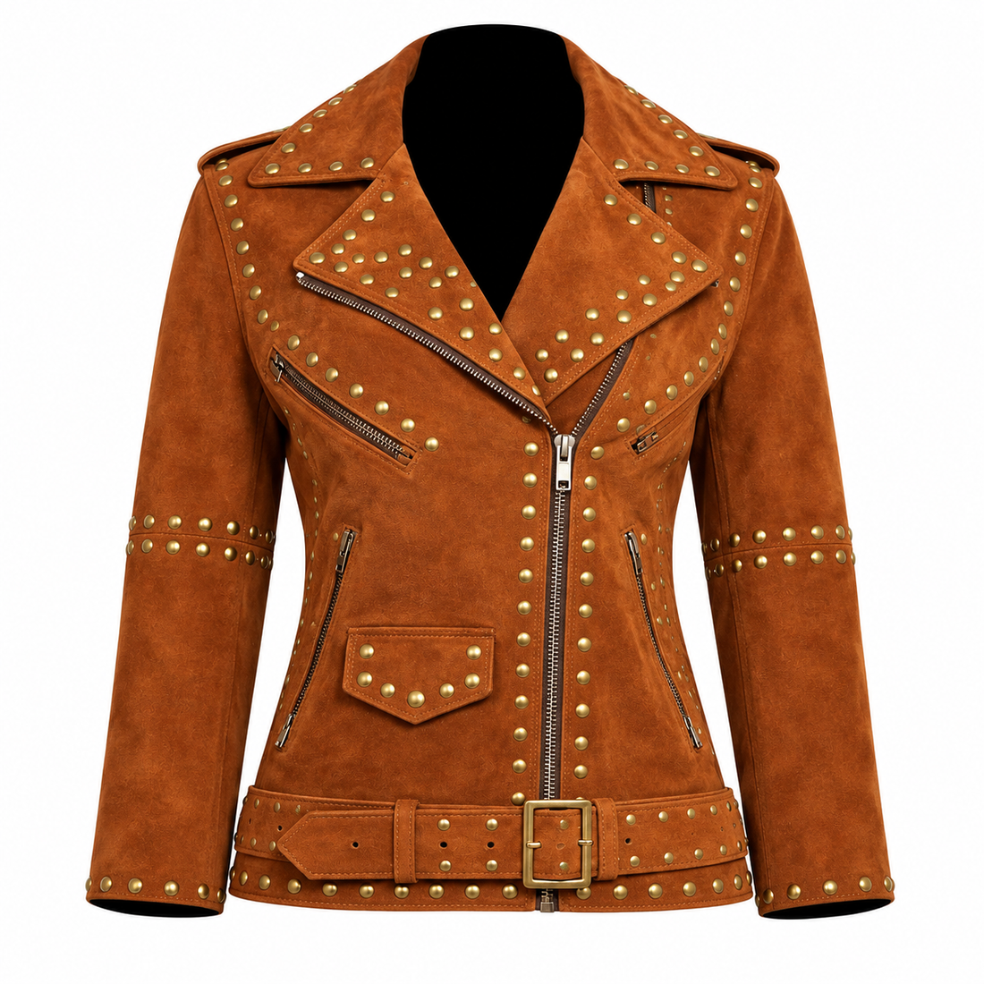 WLJ03 Home of Leather Women Brown Studded Brando Leather Jacket