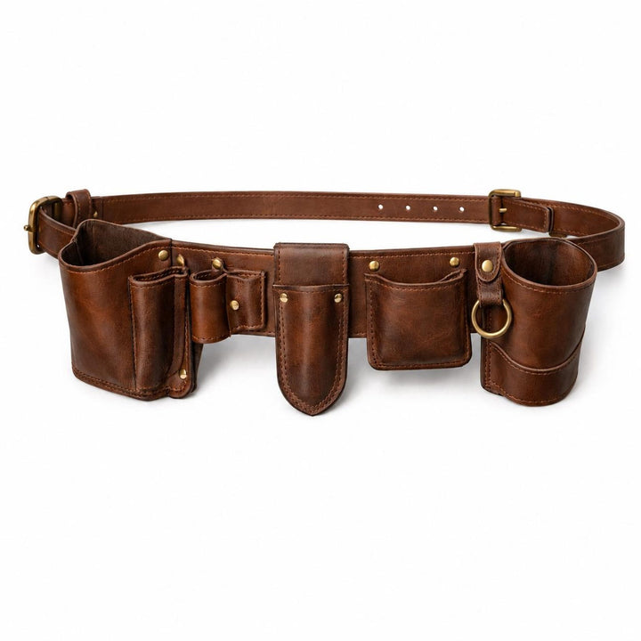 Handcrafted Leather Utility Belt Tool Organizer with Pocket Holders & Brass Hardware