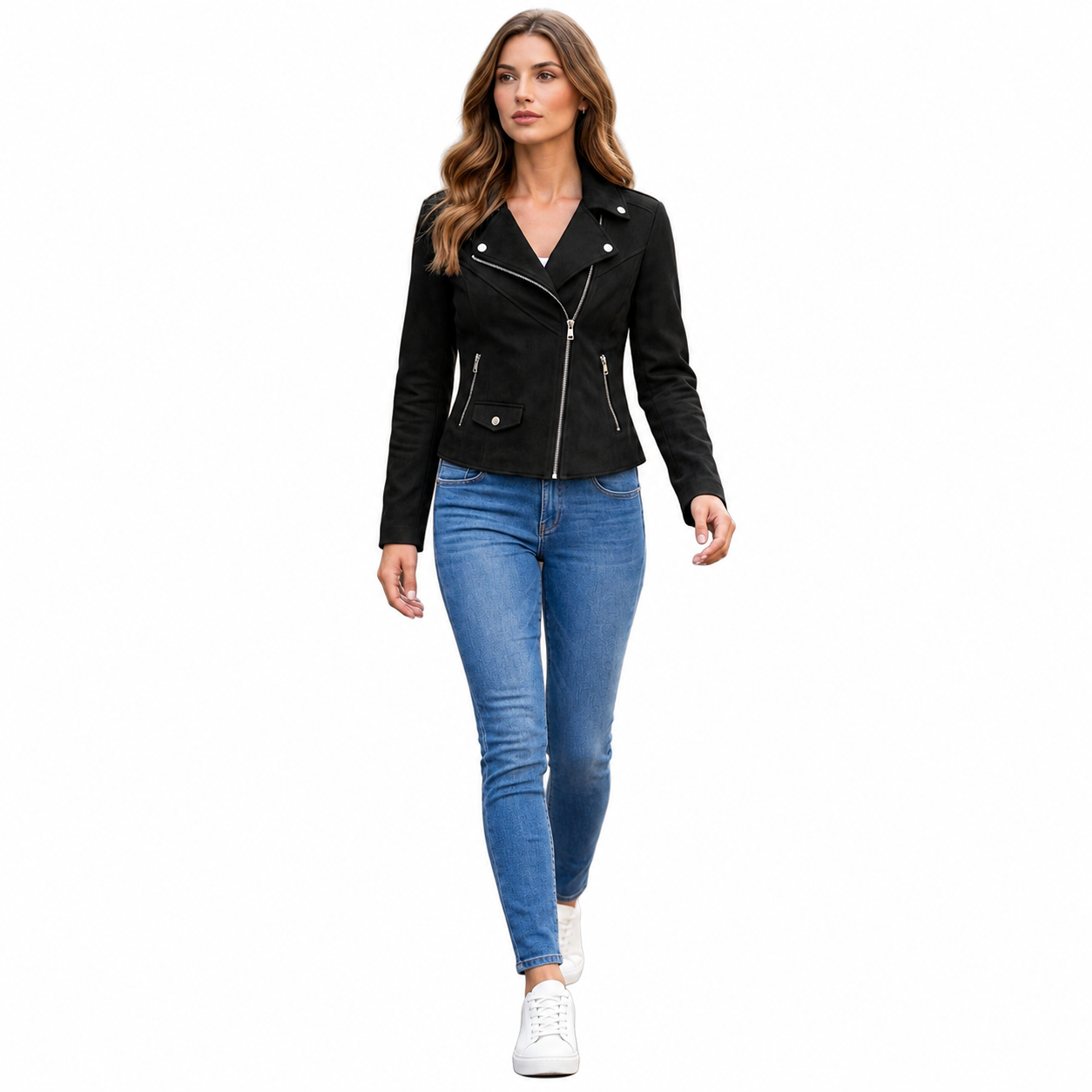 WLJ08 Suede Leather Jackets for Womens Moto Biker Cross Zipper Coat 2 Pockets