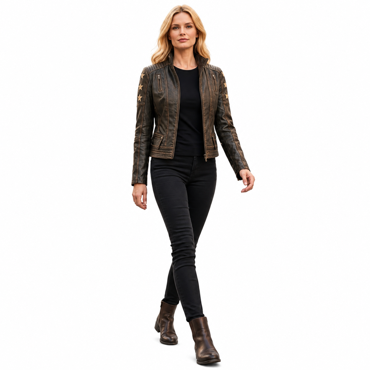 WLJ11 Womens Cafe Racer Star Slim Fit Stars Distressed Brown Classic Biker Leather Jacket