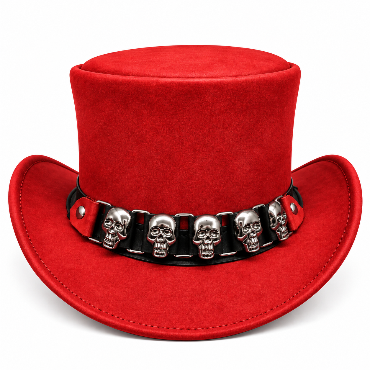 Premium Genuine Leather Top Hat Red Skull Band Gothic Steampunk Costume