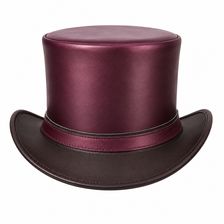 Handmade Burgundy  Black Leather Top Hat  Victorian Steampunk Gothic Cosplay Festival Costume Hat