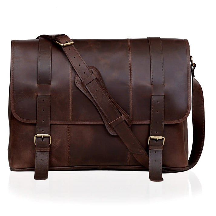 LEATHER MESSENGER  BROWN  18 L x 5 W x 13 H