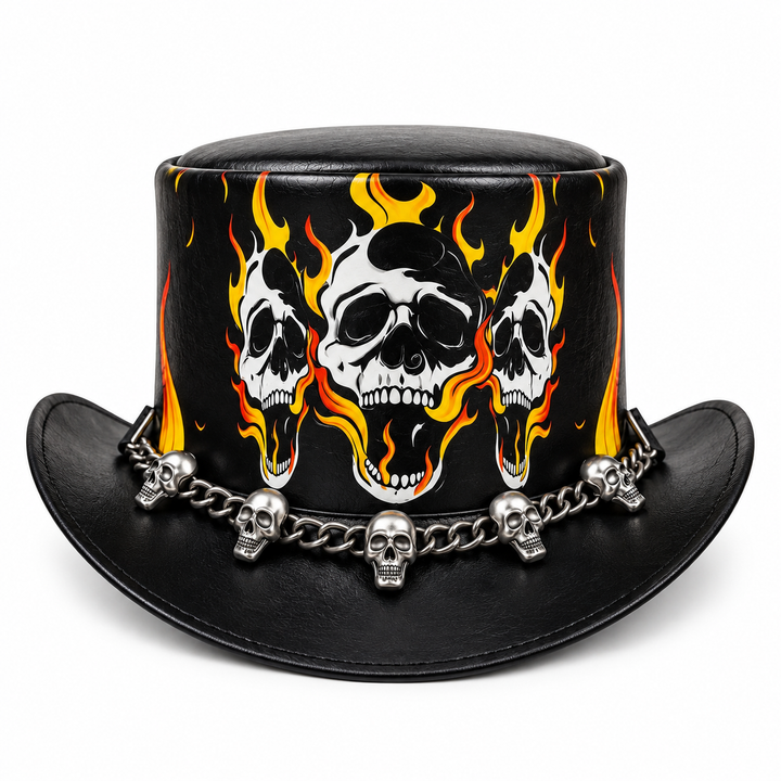 Handmade Black Leather Skull Flame Top Hat Gothic Biker Steampunk Cosplay  New