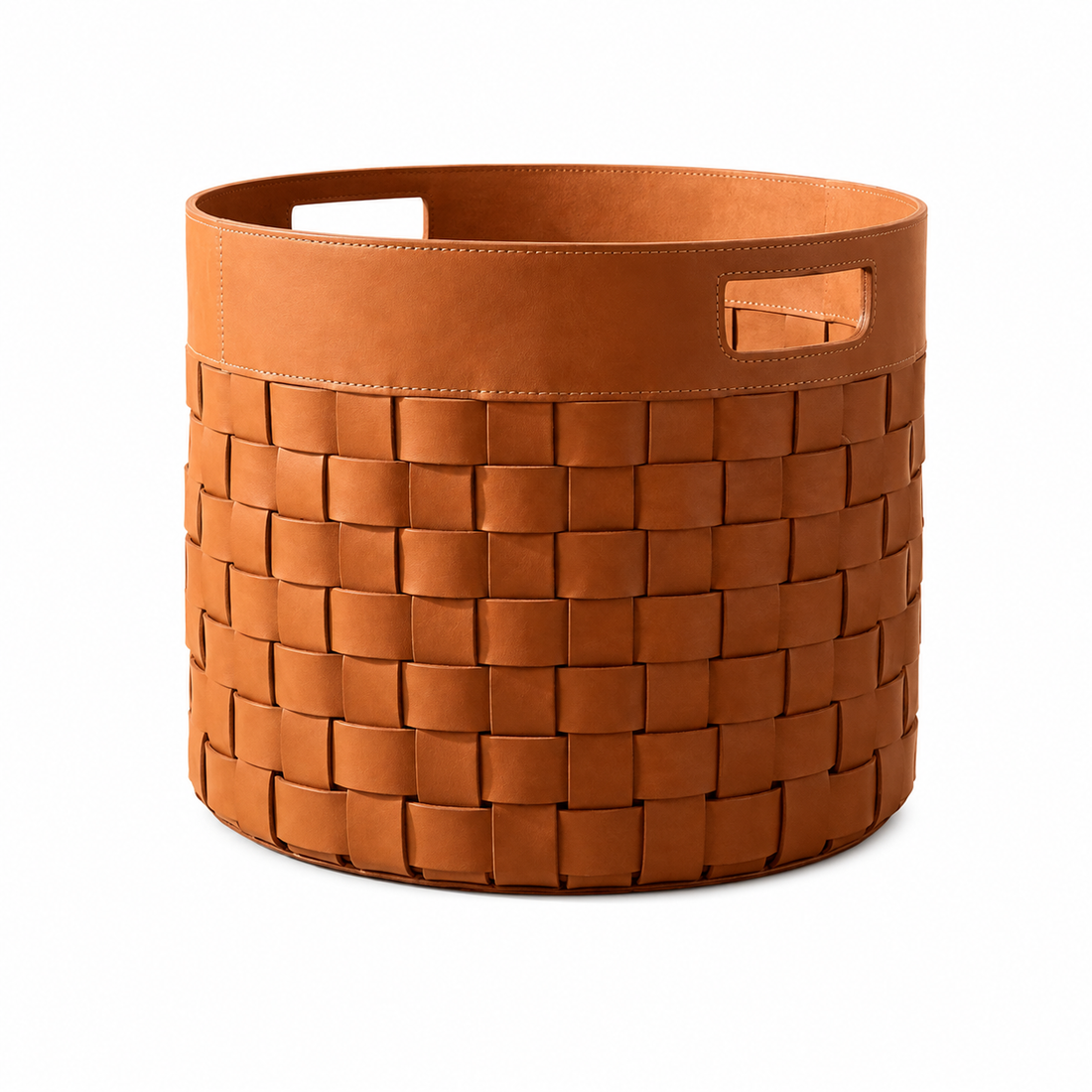 Handmade Round Woven Leather Firewood Carrier  Rustic Wood Storage Basket  Log Organizer Home Decor