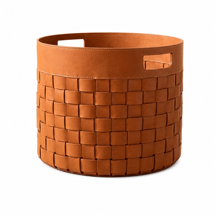 Handmade Round Woven Leather Firewood Carrier  Rustic Wood Storage Basket  Log Organizer Home Decor