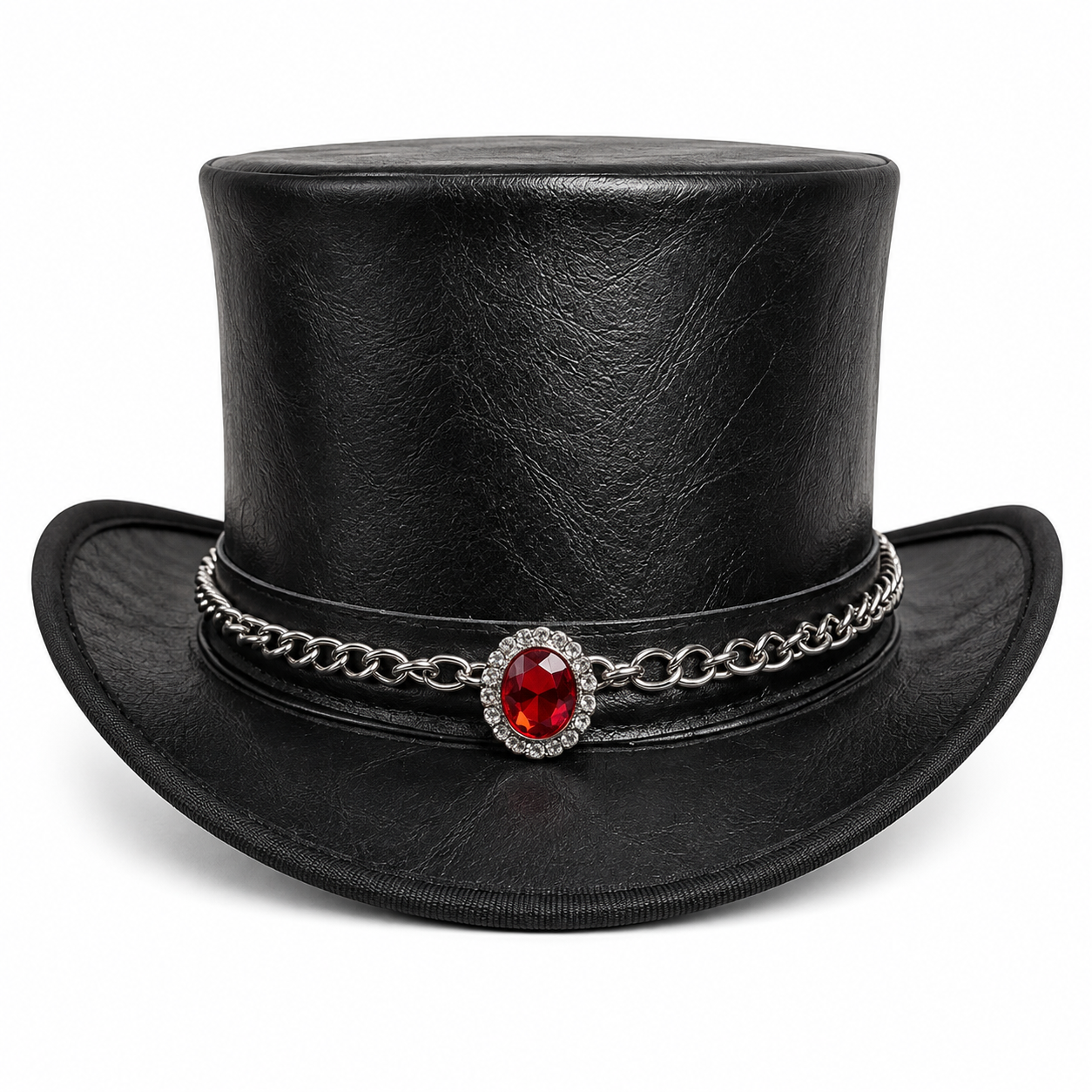 Handmade Black Leather Top Hat Gothic Steampunk Red Gem Chain Hat Festival Biker Costume