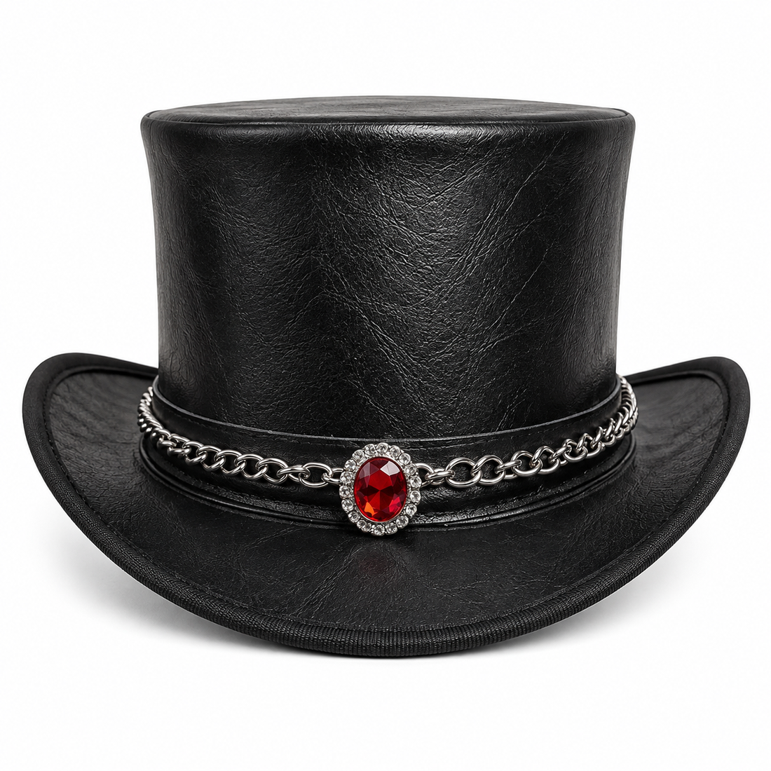 Handmade Black Leather Top Hat Gothic Steampunk Red Gem Chain Hat Festival Biker Costume