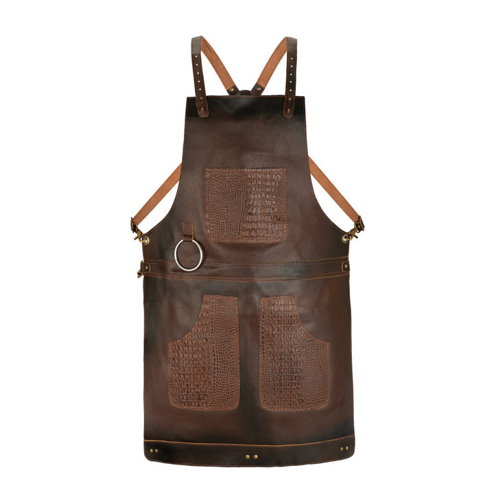 Full Grain Crazy Horse Leather Chef Apron with Crocodile Pattern Pockets