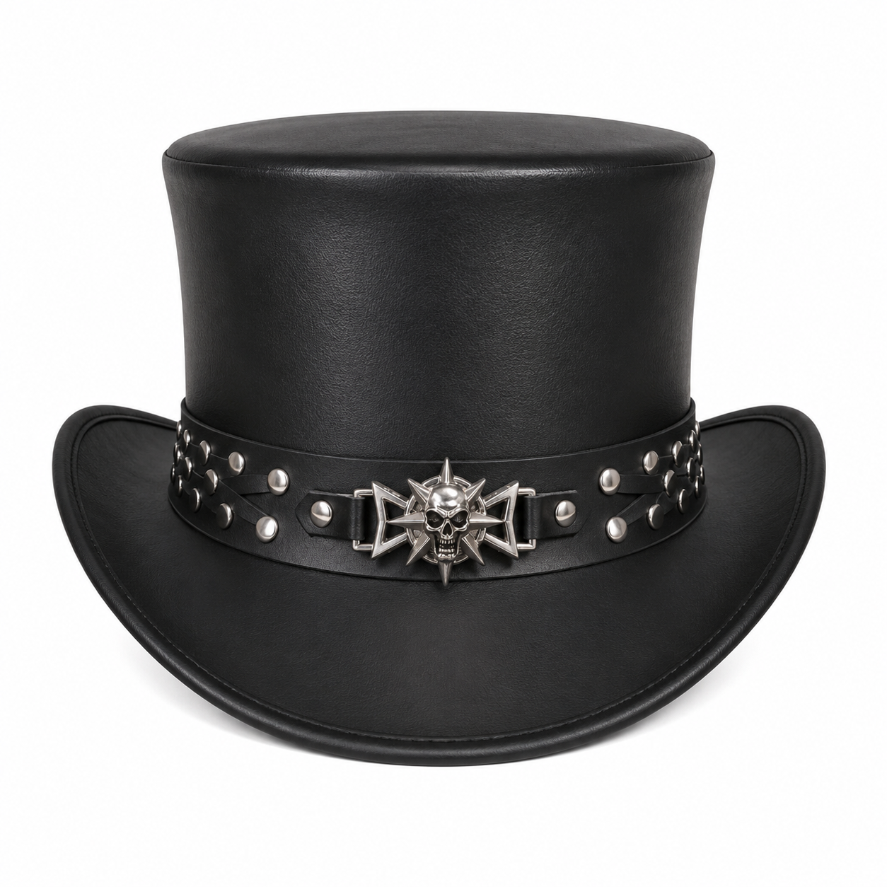 Handmade Black Leather Steampunk Top Hat Gothic Skull Cowboy Western Rocker Hat