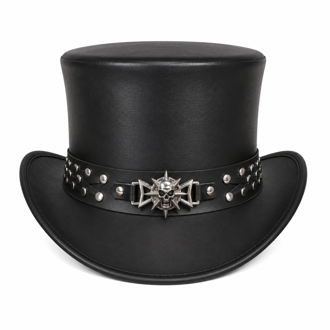 Handmade Black Leather Steampunk Top Hat Gothic Skull Cowboy Western Rocker Hat