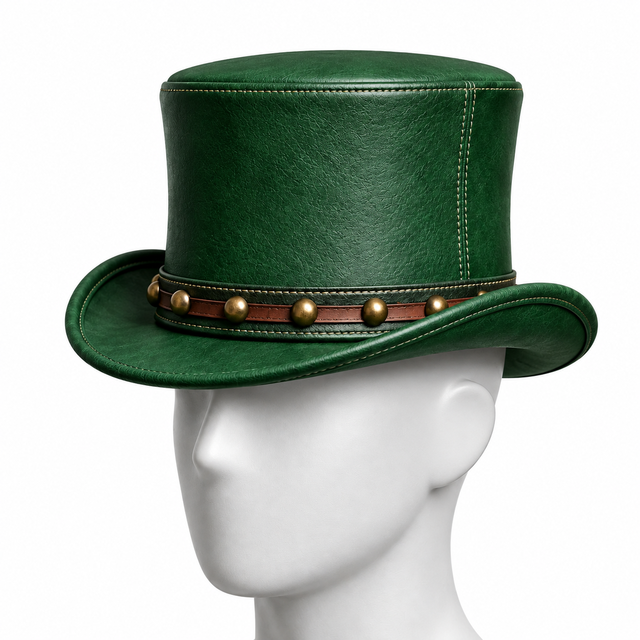 Genuine Leather Steampunk Top Hat Green Studded Band Gothic Mad Hatter S