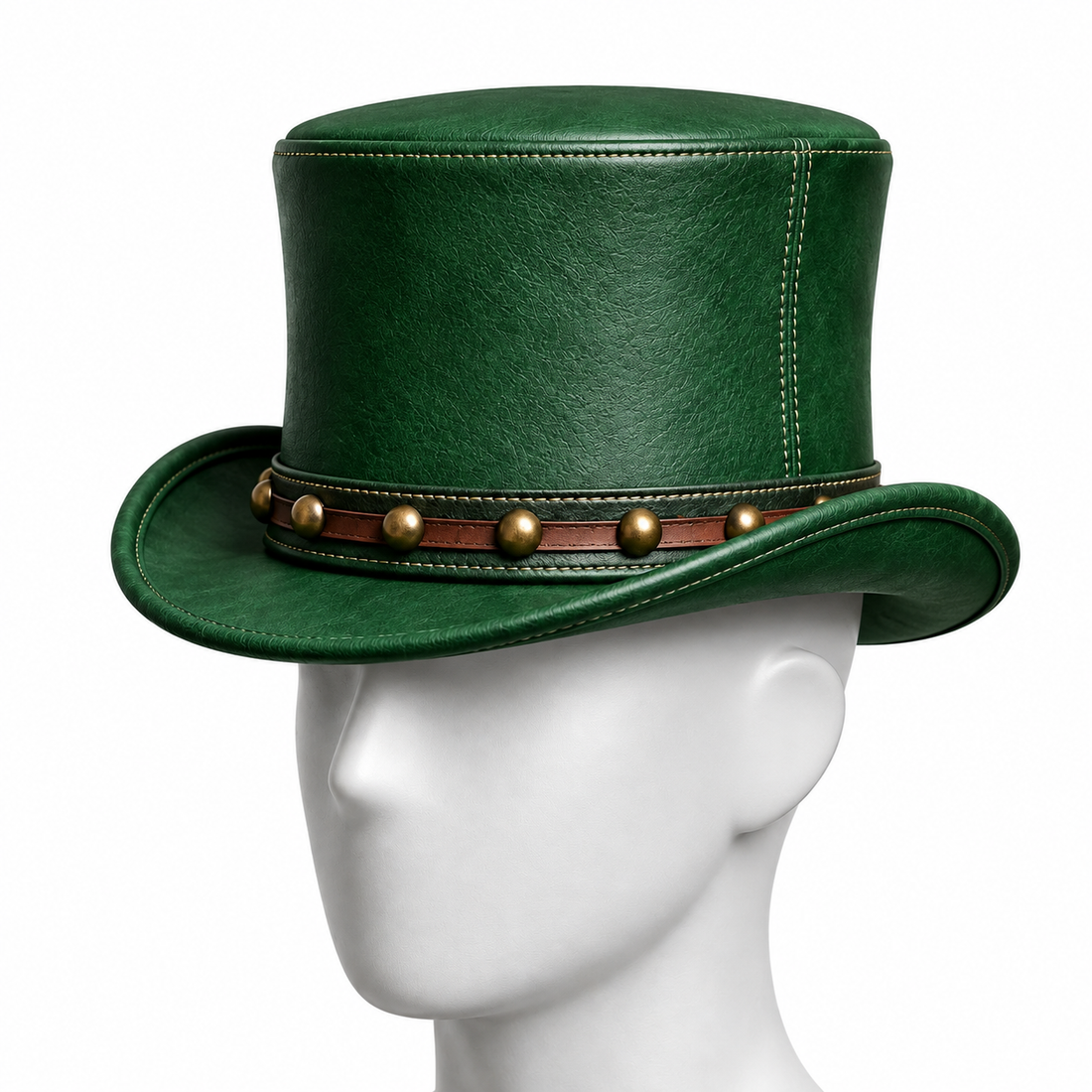 Genuine Leather Steampunk Top Hat Green Studded Band Gothic Mad Hatter S