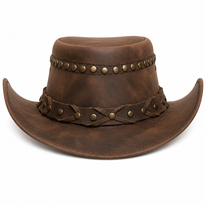 Handmade Distressed Brown Leather Cowboy Hat Western Style Braided Band