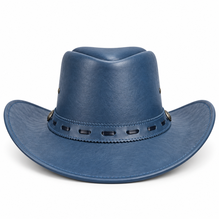 Handcrafted Leather Cowboy Hat  Heart Shape Crown  Luxury Blue Western Fedora
