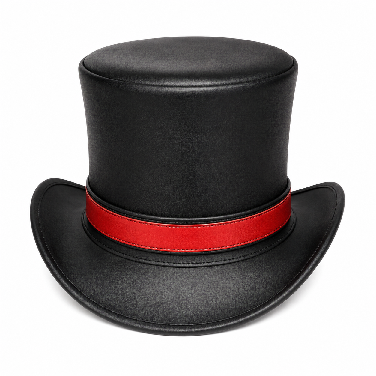 Handmade Black real Leather Top Hat Red Band Steampunk Cosplay Accessory