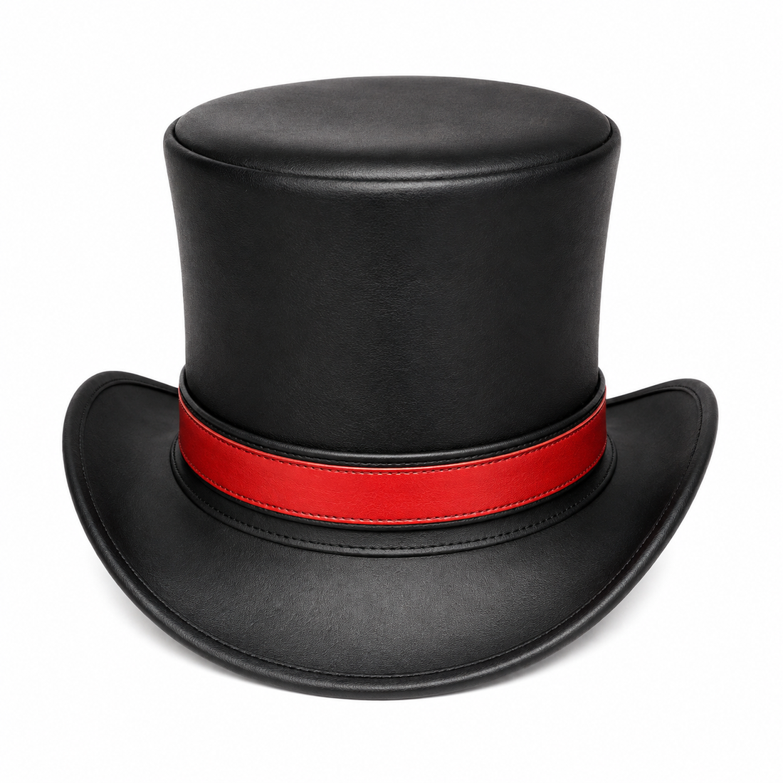 Handmade Black real Leather Top Hat Red Band Steampunk Cosplay Accessory