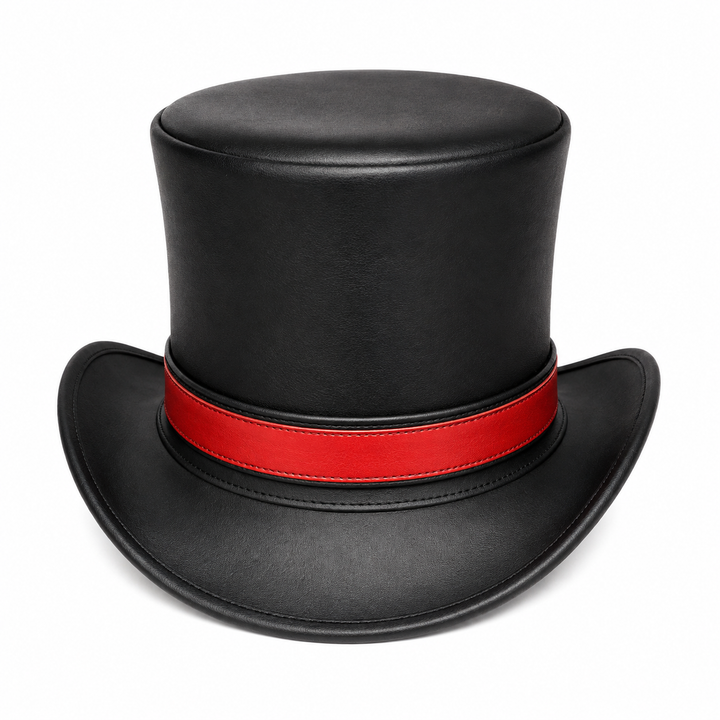 Handmade Black real Leather Top Hat Red Band Steampunk Cosplay Accessory