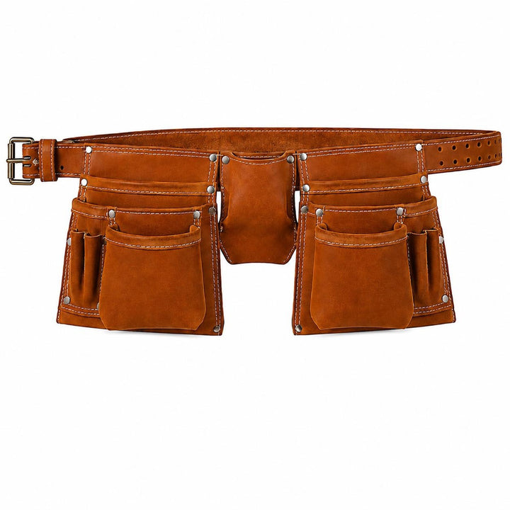 Durable Tan Brown Leather Tool Belt with Multiple Storage Pockets