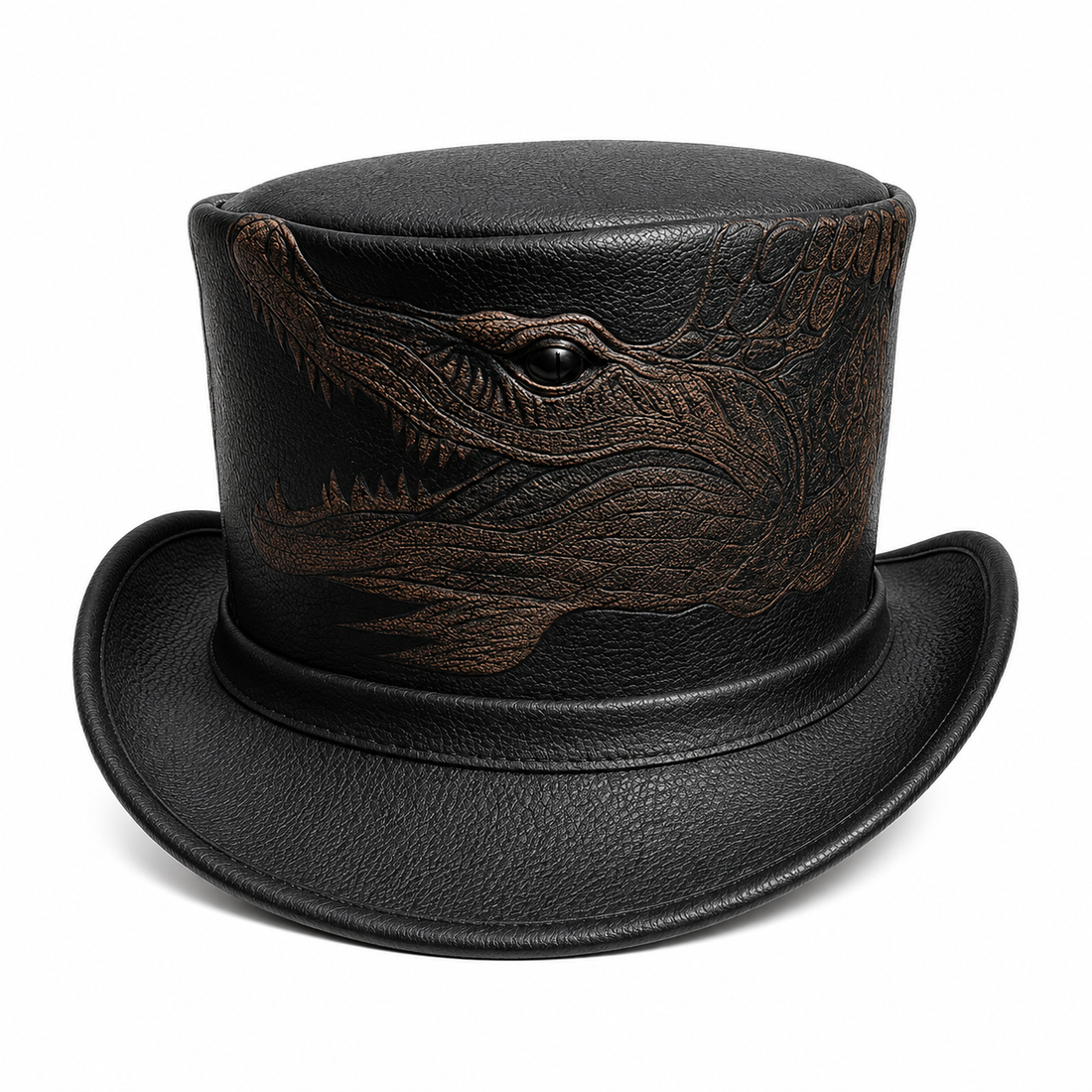 Handmade Black Leather Top Hat Engraved Dragon Gothic Fantasy Steampunk Cosplay