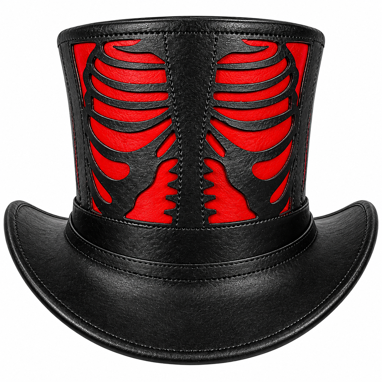 Black Red Leather Skeleton Rib Cage Top Hat Gothic Steampunk Biker Costum