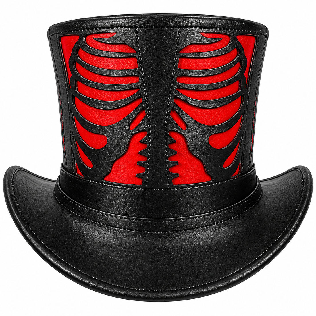 Black Red Leather Skeleton Rib Cage Top Hat Gothic Steampunk Biker Costum
