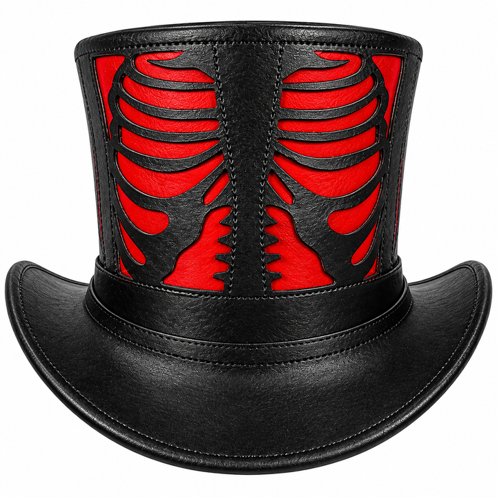 Black Red Leather Skeleton Rib Cage Top Hat Gothic Steampunk Biker Costum