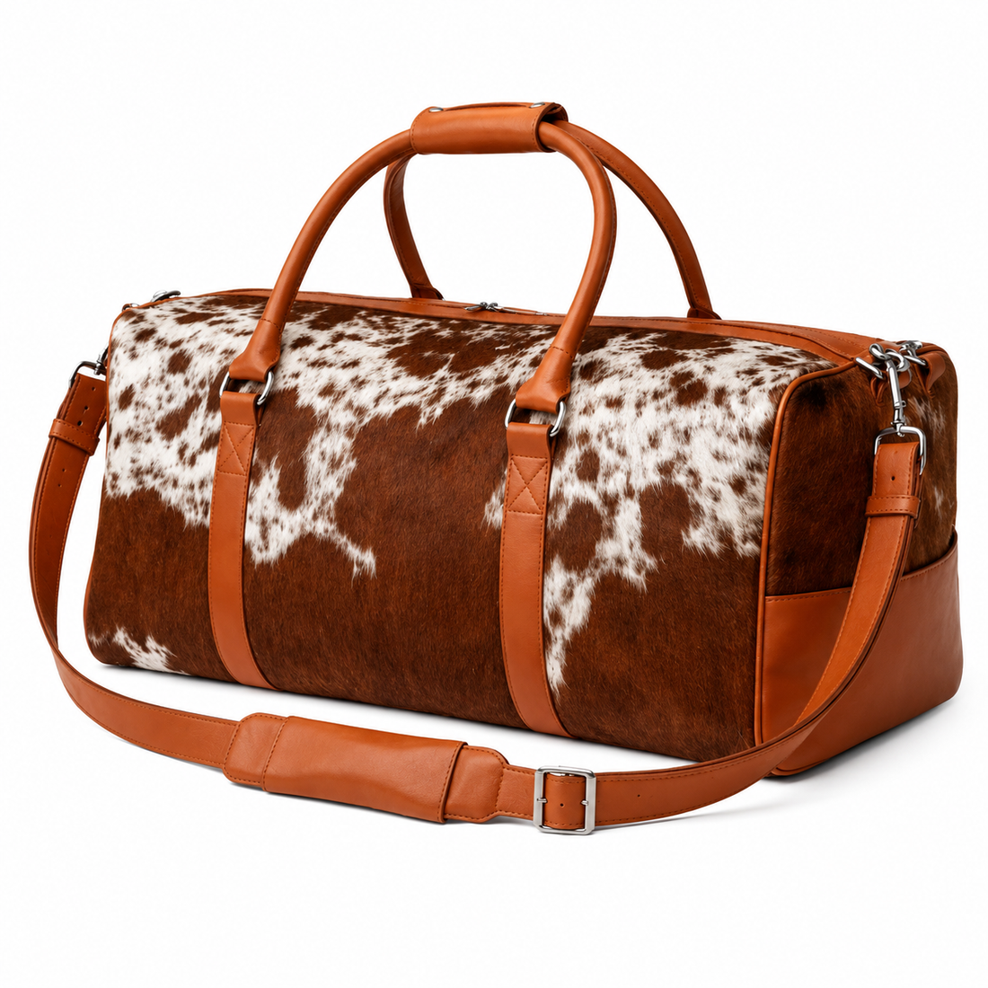 Tan  White Hair On Cowhide Duffel Bag  Handmade Leather Weekender