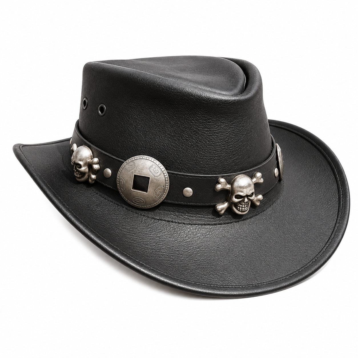 Handmade Black Leather Cowboy Hat with Skull Band  Steampunk Gothic Rock Festival Accessory