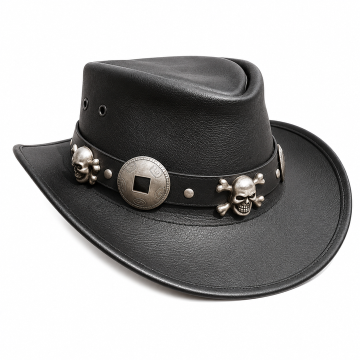 Handmade Black Leather Cowboy Hat with Skull Band  Steampunk Gothic Rock Festival Accessory