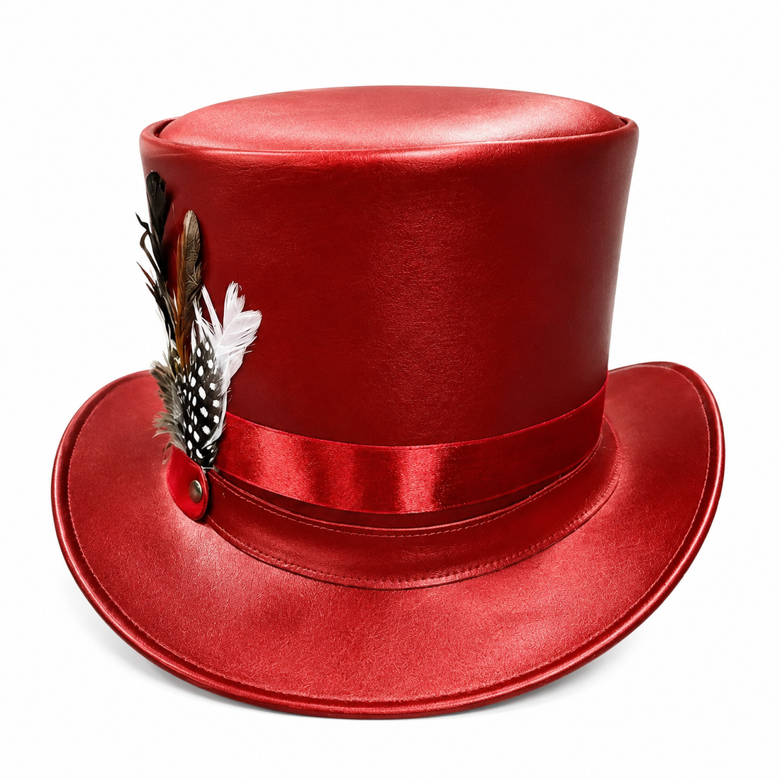 Handmade Red Leather Top Hat With Feathers Steampunk Victorian Festival Cosplay Hat