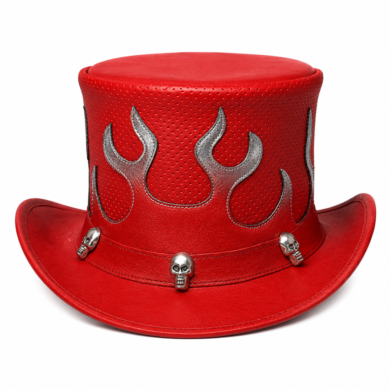 Handmade Red Leather Flame Top Hat Gothic Steampunk Skull Cosplay Festival Accessory