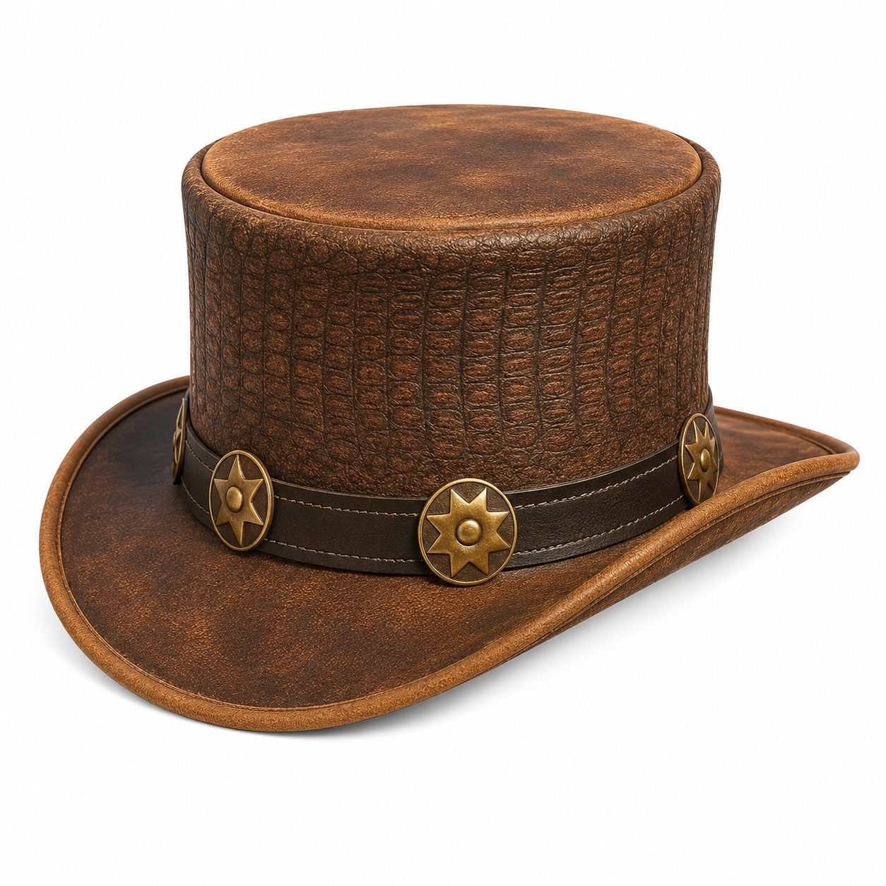 Handmade Embossed Leather Top Hat with Star Conchos  Steampunk Western Festival Accessory