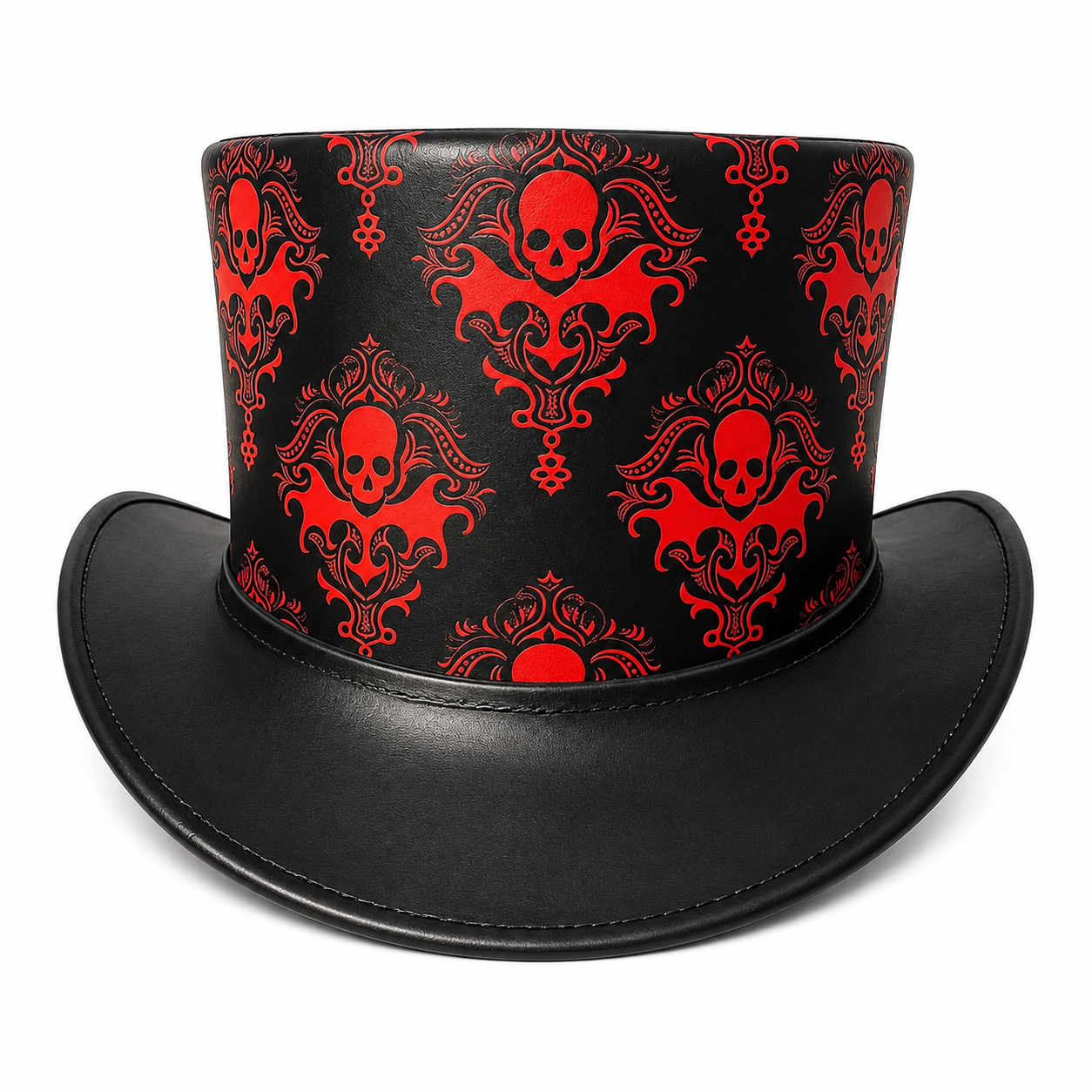 Handmade Leather Black Top Hat Red Skull Gothic Steampunk Halloween Costume Wear