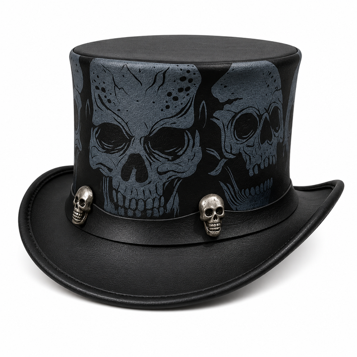 Handmade Black Skull Leather Top Hat Steampunk Gothic Festival Cosplay Hat