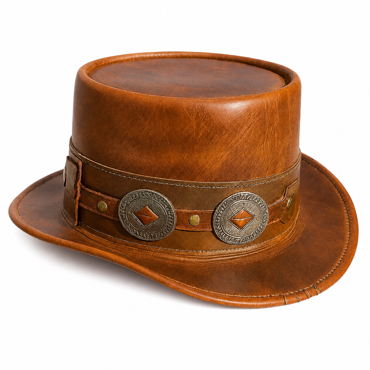 Handmade Brown Leather Top Hat unisex Steampunk Cowboy Hat with Silver Conchos