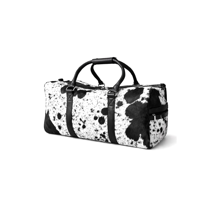 HairOn Cowhide Black and White Duffle Bag  Handmade Leather Weekender