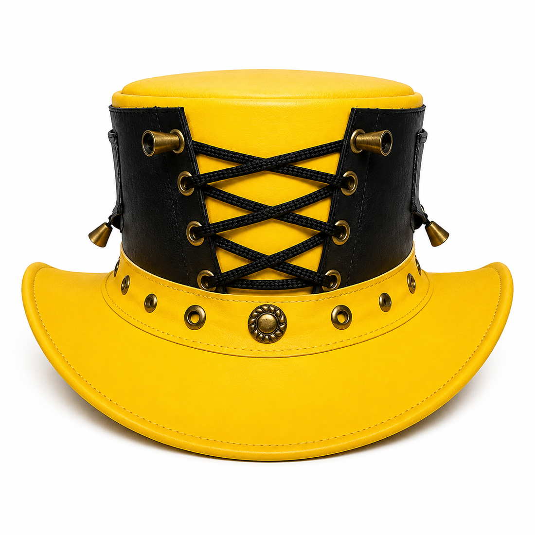 Handmade Yellow Leather Black Corset Top Hat Gothic Steampunk Style Hats
