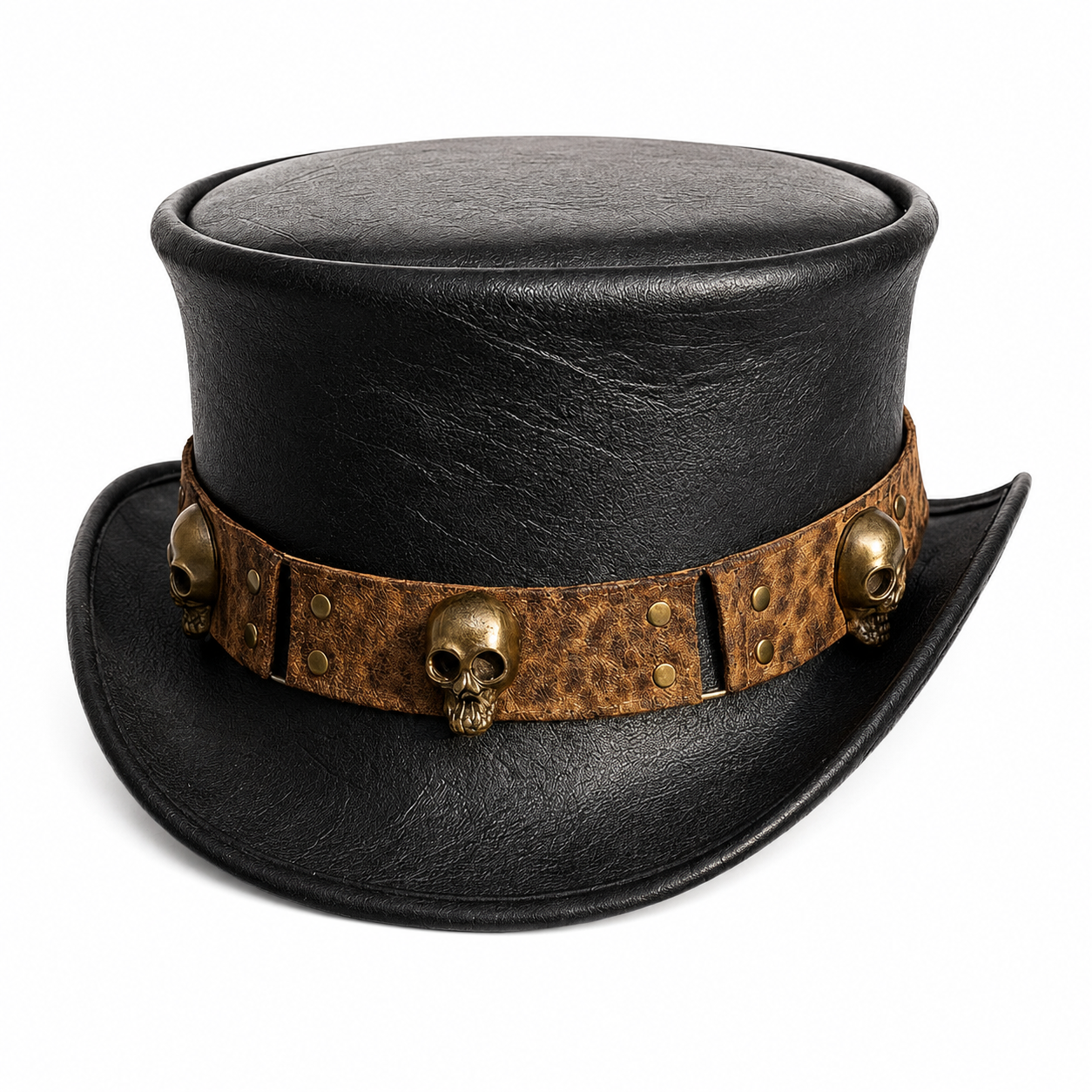 Handmade Mens Black Leather Top Hat Skull Studded Steampunk Gothic Cosplay