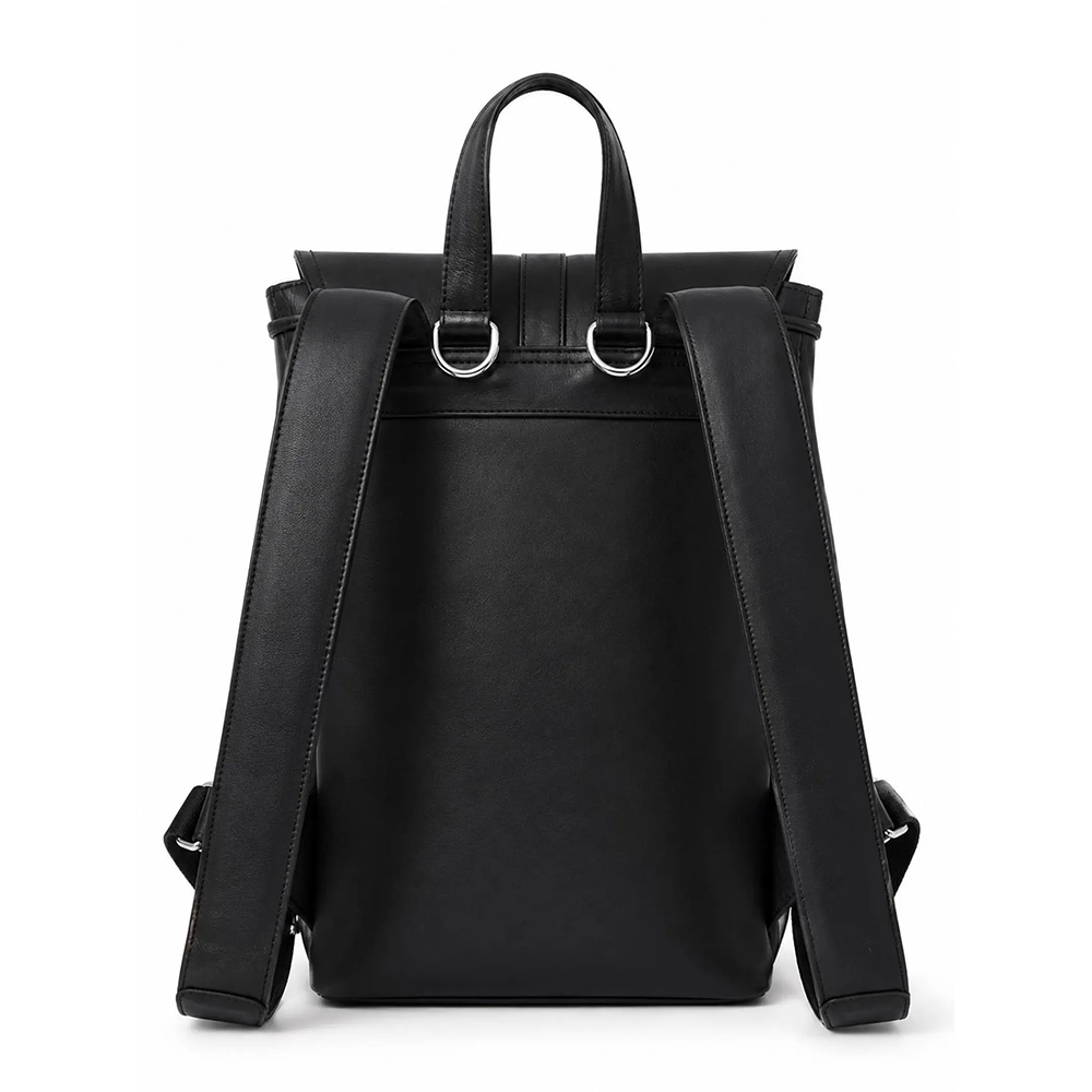 Black Leather Rucksack, Vintage Minimalist Travel Backpack, Laptop Bag