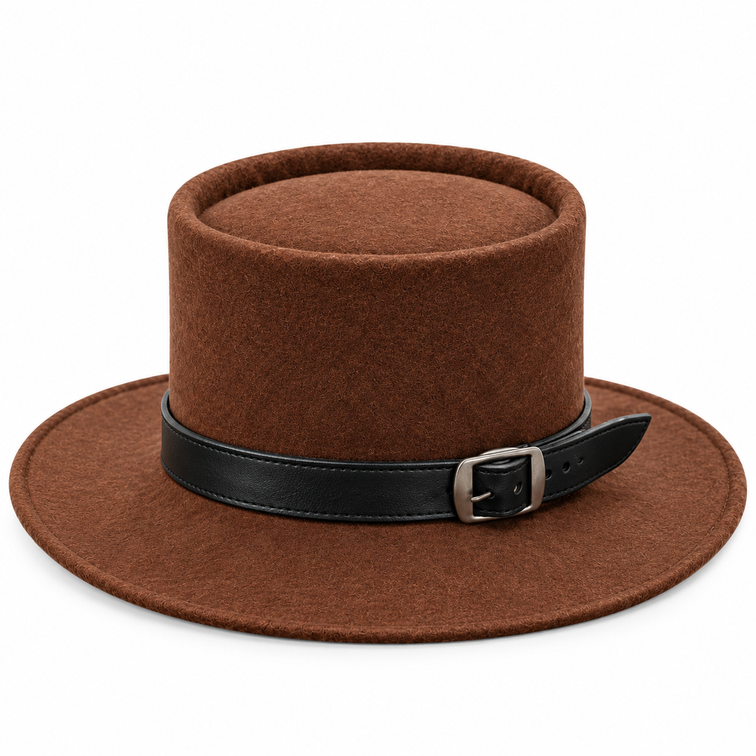 Brown Wool Felt Pork Pie Hat Tooled Leather Band Buckle Western Fedora Trilby