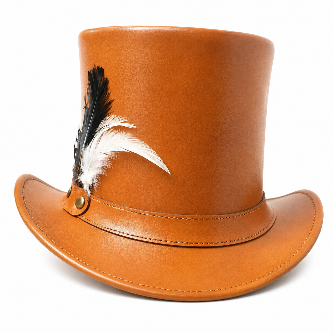 Handmade Orange Leather Steampunk Top Hat with Feather  Victorian Cosplay Costume Hat