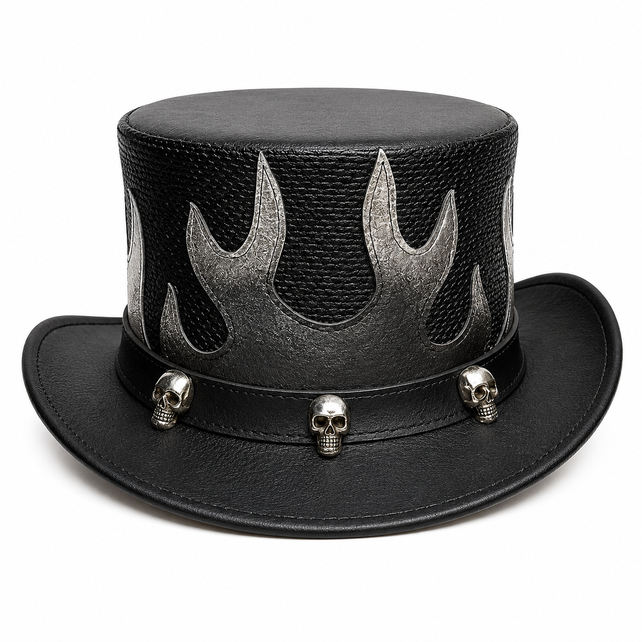 Handmade Black Leather Top Hat with flame design Gothic Steampunk Skull Cosplay