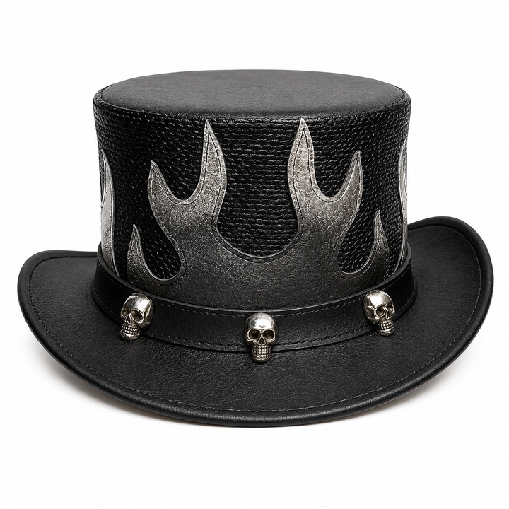 Handmade Black Leather Top Hat with flame design Gothic Steampunk Skull Cosplay