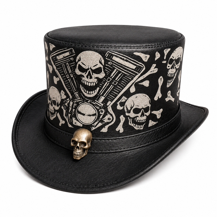 Handmade Black Skull Leather Top Hat  Steampunk Gothic Festival Cosplay Hat