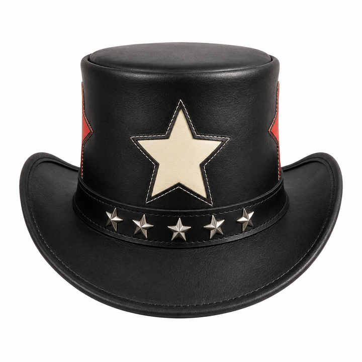Handmade Black Leather Star Top Hat Steampunk Gothic Rockstar Cosplay Hat