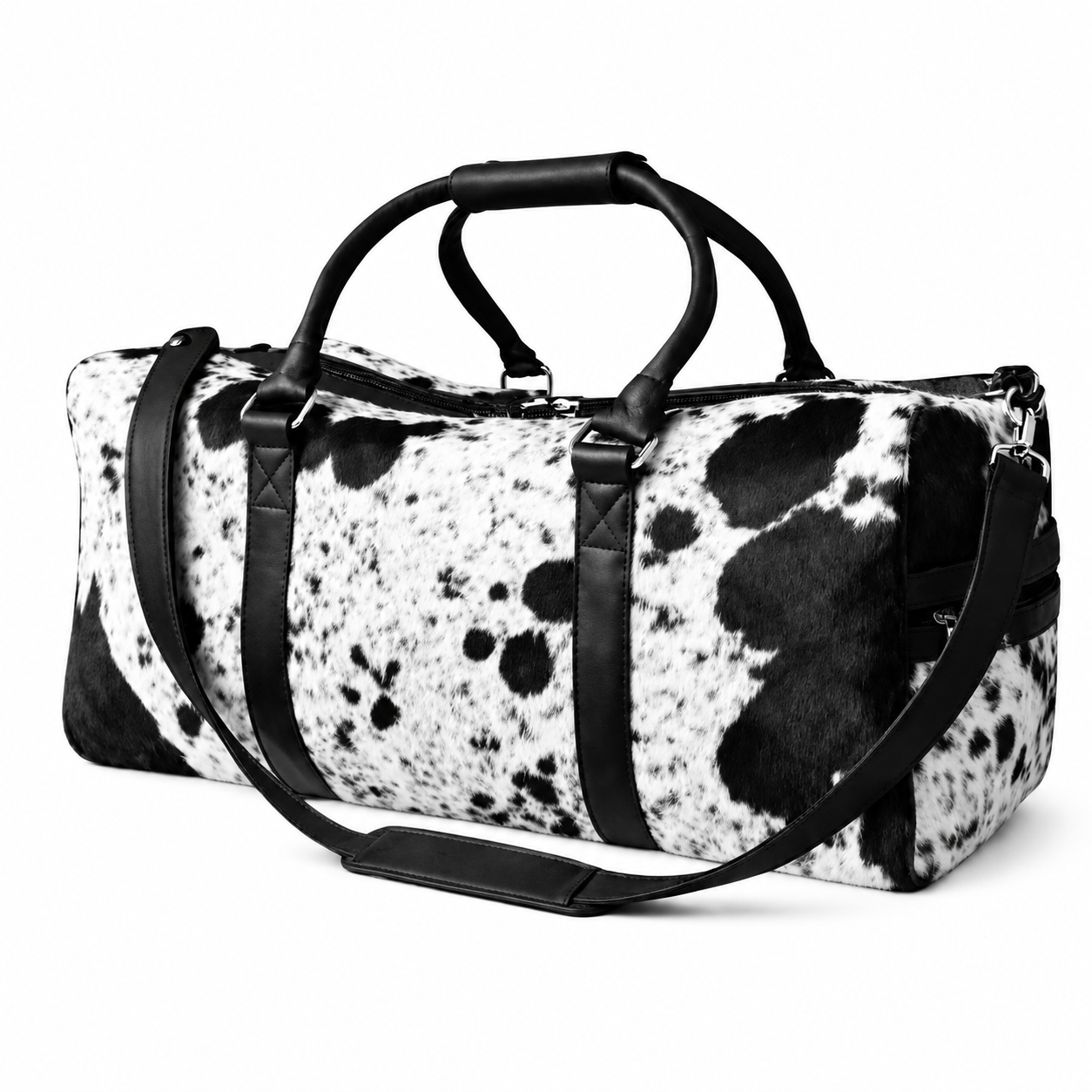Black White Cowhide Duffle Bag  Handmade Hair On Leather Weekender Travel