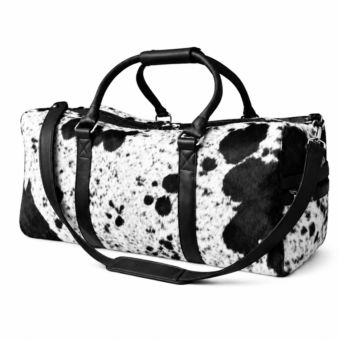 Black White Cowhide Duffle Bag  Handmade Hair On Leather Weekender Travel